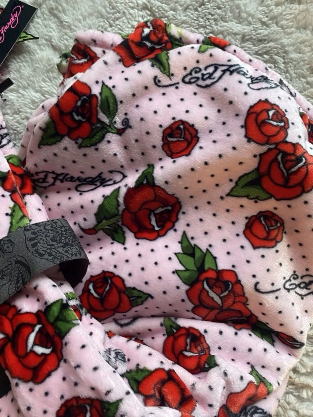 Ed Hardy Pink Plush Oversized Throw Blanket 60” X 70” Roses Polka Dots Tattoo